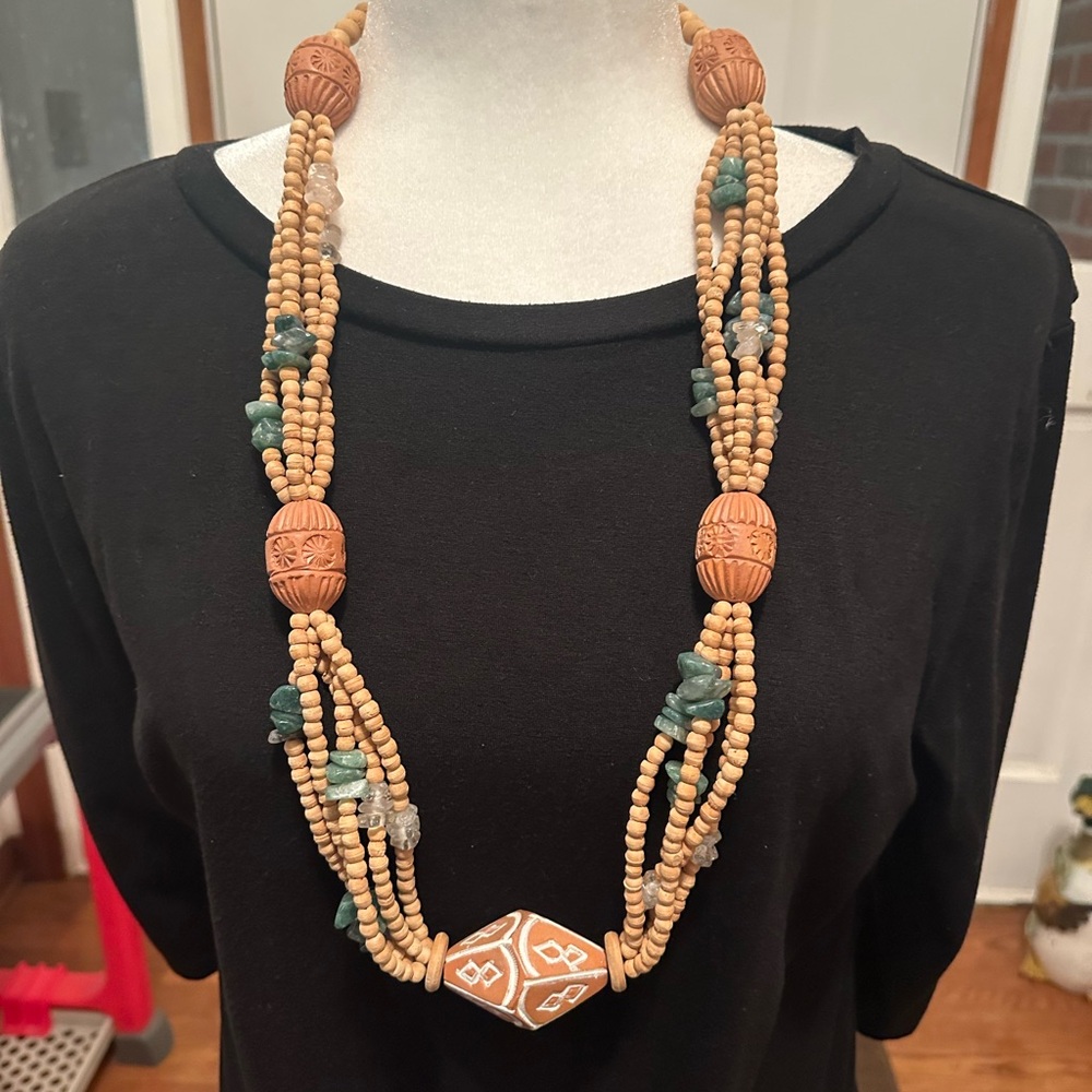 Vintage “Rare”Mexican clay, wood, amethyst, agate beaded necklace. 36” Handmade